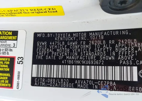 2019 Toyota Camry Xse из США, поврежденный, VIN 4T1B61HK1KU693672